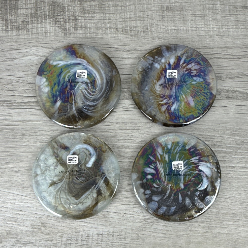 Anthropologie Iridescent Art Glass Coasters Set of 4 Multicolor Handcrafted 4in